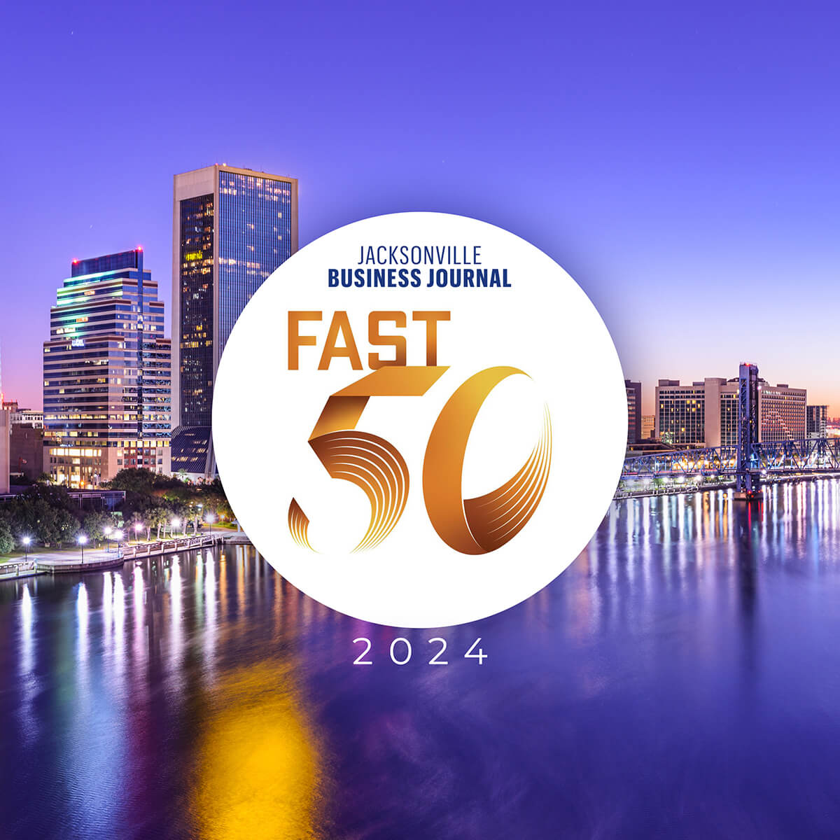 Jacksonville Business Journal Fast 50 Award logo over the skyline of Jacksonville