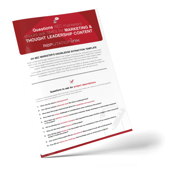 Cover of booklet "Questions AEC Marketers should ask SMEs for Marketing & Thought Leadership Content"
