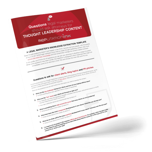 Cover of booklet "Questions legal marketers should ask attorneys for thought leadership content"