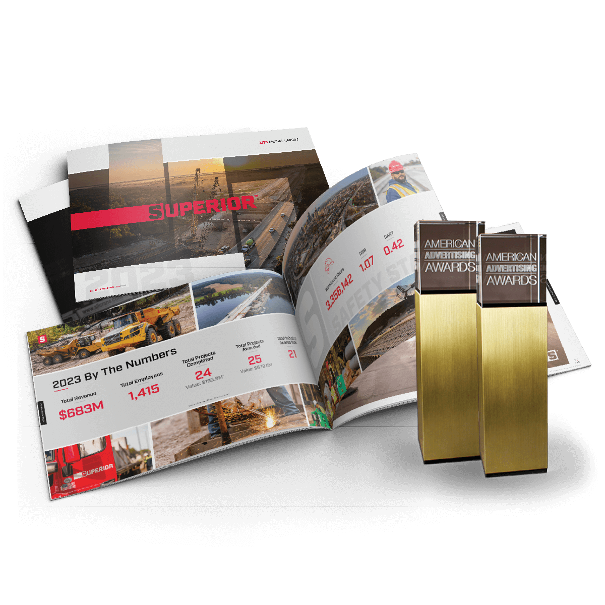 Superior Construction 2023 annual report layout with two American Advertising Awards