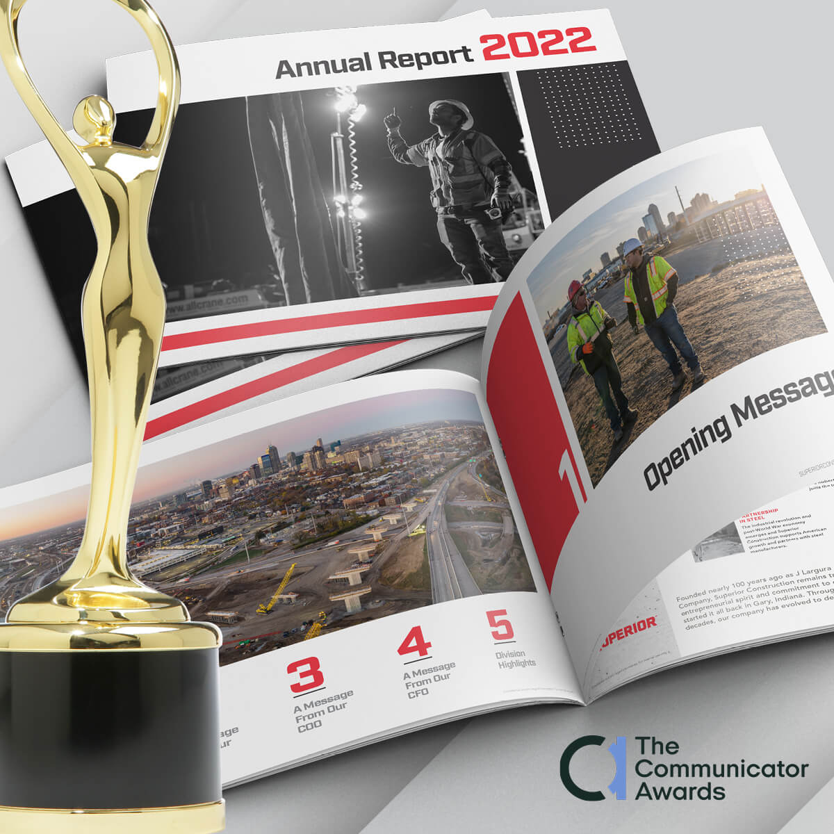 Superior Construction 2022 annual report layout with Communicator award
