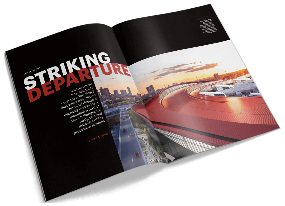 Magazine spread showing article in National Fire Protection Association’s NFPA Journal about Victaulic’s involvement in renovations at Boston Logan International Airport