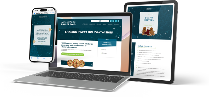 Holiday campaign pieces for law firm Haynsworth Sinkler Boyd designed by Reputation Ink including email, landing page, and downloadable PDFs