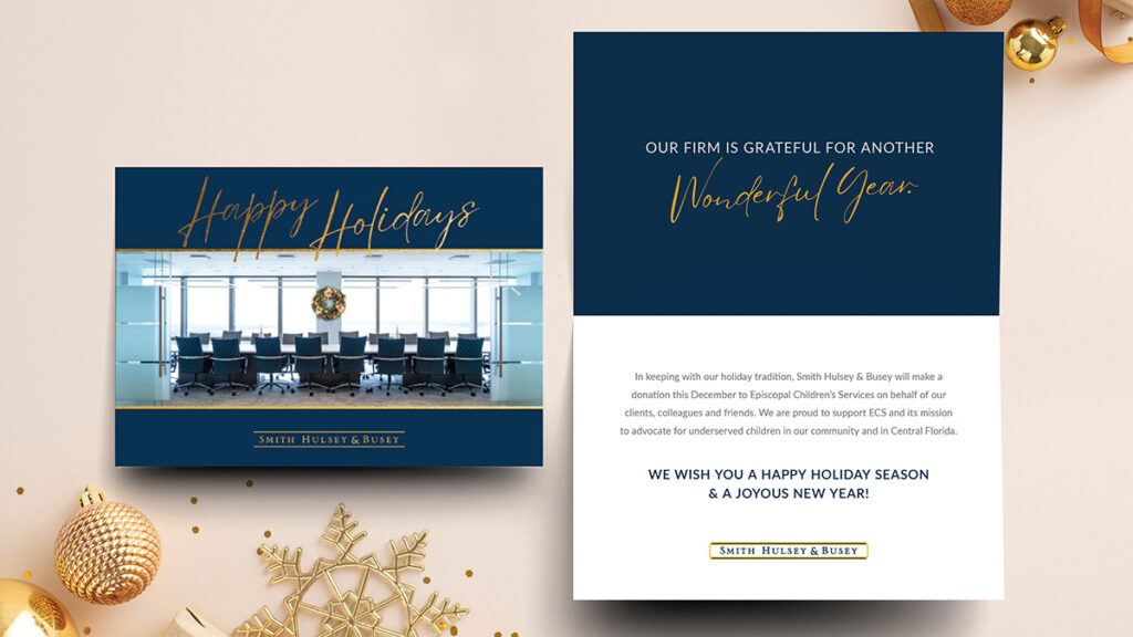 Christmas Holiday Card for the Smith Hulsey and Busey law firm designed by Reputation Ink