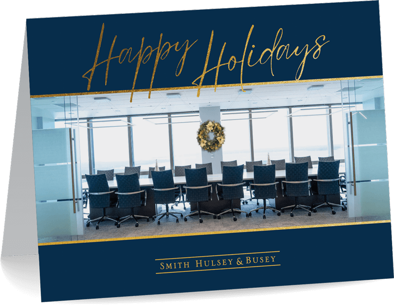 Folded Christmas holiday card for Smith Hulsey & Busey law firm