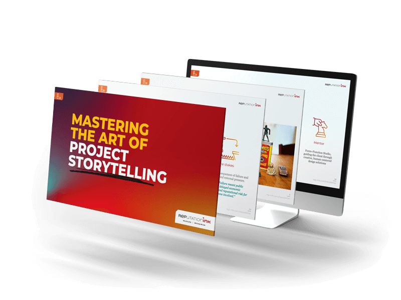 Computer screen displaying Mastering the Art of Project Storytelling text with colorful background