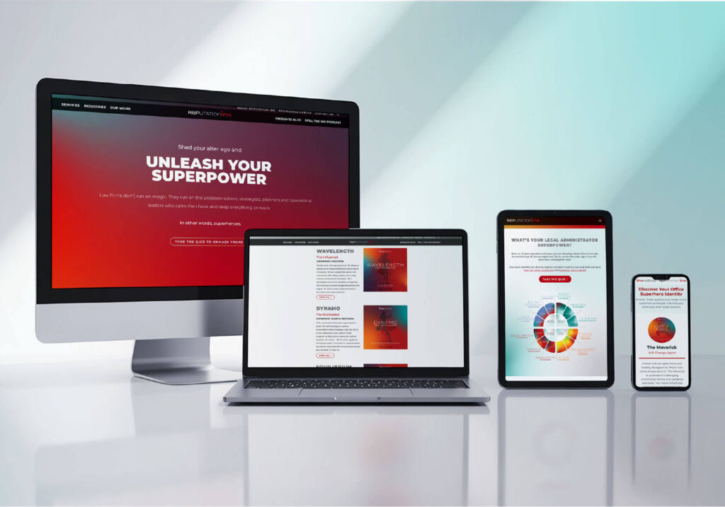 Laptop, tablet, and mobile device mockups showing various screens of Reputation Ink's "INKredibles" superhero themed trade show presence and corresponding landing pages