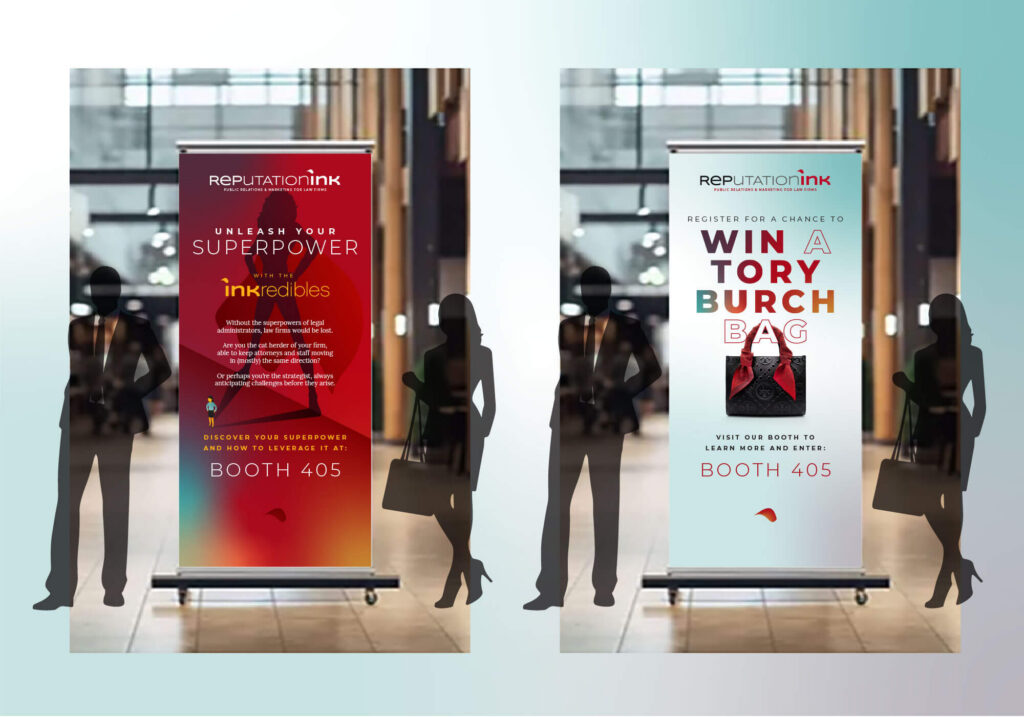 Mockup of billboards promoting Reputation Ink's "INKredibles" superhero themed trade show booth at the ALA conference in 2025