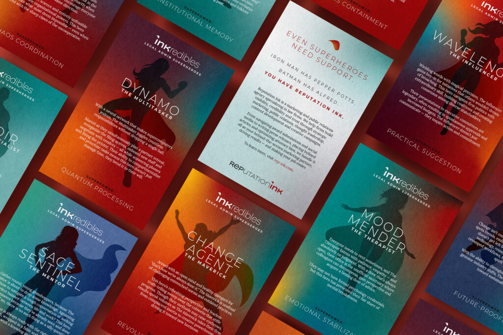 Mockup of collectible cards distributed at Reputation Ink's "INKredibles" superhero themed trade show booth at the ALA conference in 2025