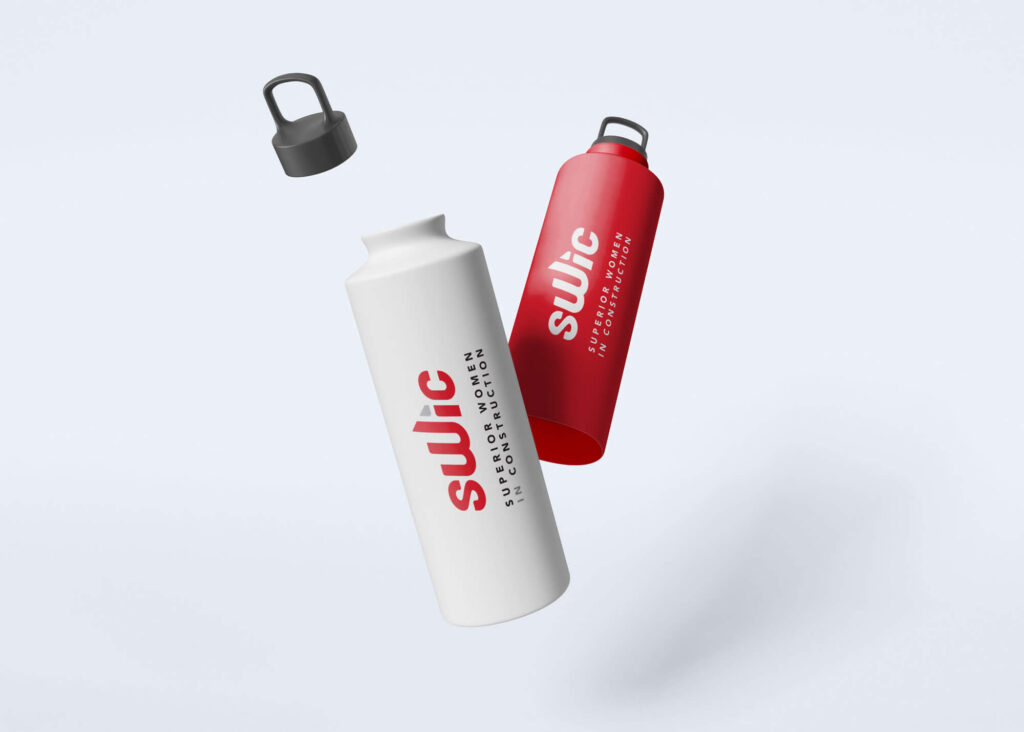 SWiC logo mocked up on two water bottles in different colors