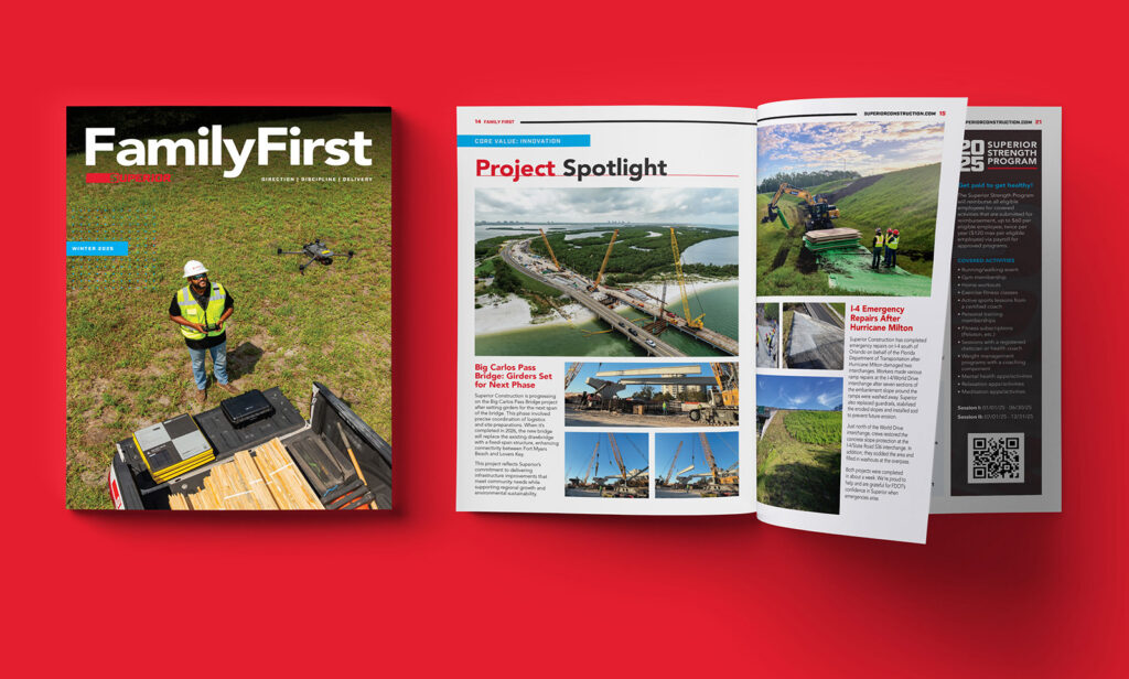 Newsletter cover and spread for Superior Construction created by Reputation Ink and recognized by SMPS with a 2026 merit award