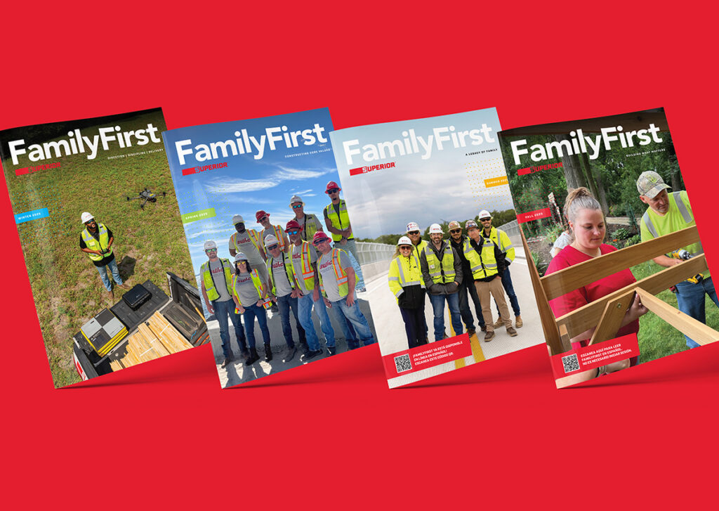 Four newsletter covers for Superior Construction created by Reputation Ink and recognized by SMPS with a 2026 merit award