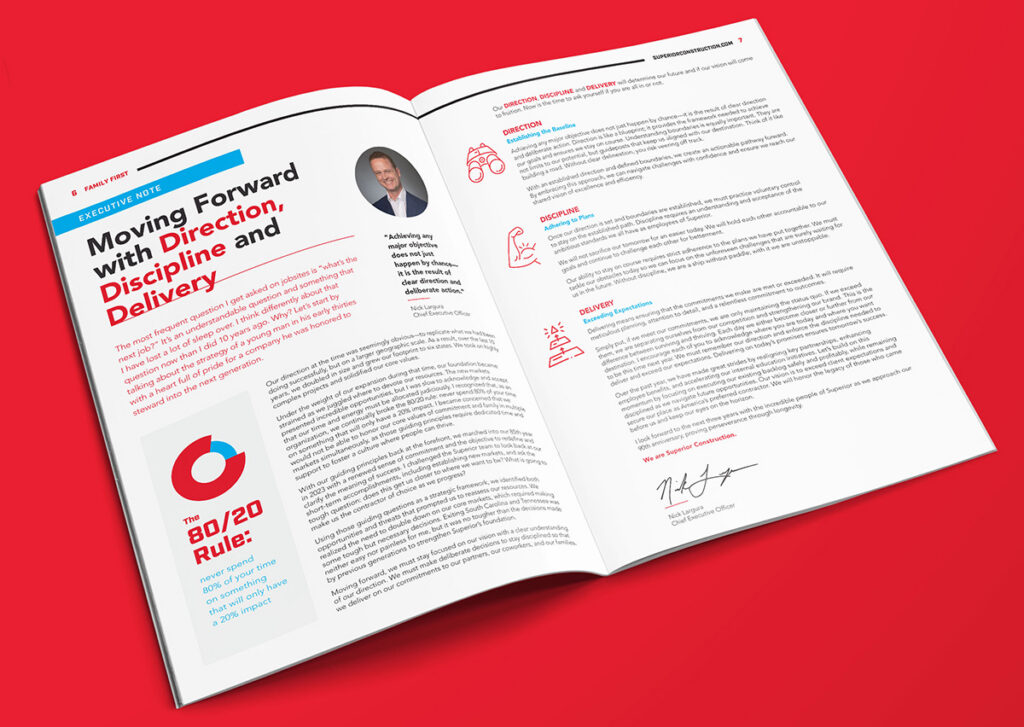 Newsletter spread for Superior Construction created by Reputation Ink and recognized by SMPS with a 2026 merit award